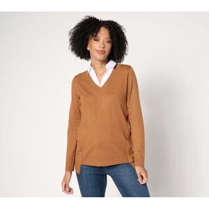 Denim & Co. Women's Top Sweater Sz M Collared 2fer V-Neck Yellow A666899